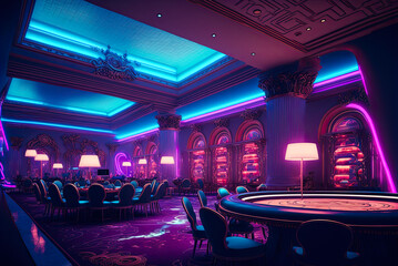 Casino interior, vibrant, colorful, futuristic, gambling tables. Generative AI