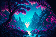 Fantasy Landscape, Purple Trees, Mountains. Generative AI