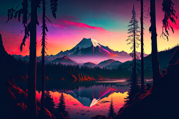 Wall Mural - Pacific Northwest style landscape, fantasy, mountain. Generative AI