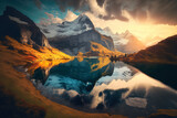Fototapeta Natura - Fantastic view of Switzerland's Bachalpsee in the evening. Beautiful autumnal sunset in Grindelwald, Bernese Oberland, Europe's Swiss Alps. Background of the natural world's beauty. Generative AI