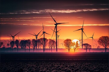 Wall Mural -  a sunset with a row of wind turbines in the foreground and trees in the background, with a red sky and a few clouds in the background, with a few clouds, and a few.