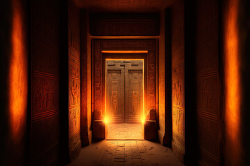 Egypt Aswan's temple in Edfu. A warm orange lighting coming from a door illuminates a passageway that is bordered by two bright walls covered in Egyptian hieroglyphs. Generative AI