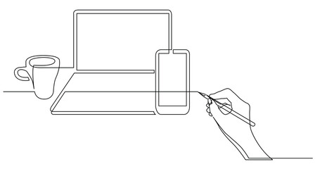 Poster - hand drawing business concept sketch of laptop computer mobile phone - PNG image with transparent background