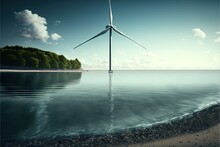  A Wind Turbine Is Seen In The Water Near A Beach And A Tree Line On The Shore Of A Lake With A Sandy Shore And A Sandy Shore Line Of Trees Are In The Background.