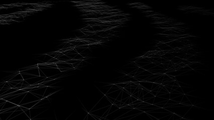 Poster - Wave of digital particles on a black background. Abstract interlacing lines and points. Digital connection of elements. Simulation of the movement of small particles. 3D rendering.