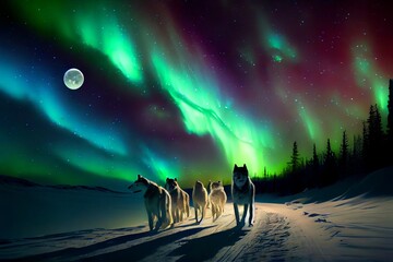 illustration of a team of husky sled dogs running on a snowy path, with the moon in the night sky. g