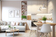 Leinwandbild Motiv Warm pastel white and beige colors are used in the interior design of the spacious, cheerful studio apartment in the Scandinavian style. Modern touches in the kitchen and fashionable furniture in the