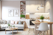 Warm Pastel White And Beige Colors Are Used In The Interior Design Of The Spacious, Cheerful Studio Apartment In The Scandinavian Style. Modern Touches In The Kitchen And Fashionable Furniture In The