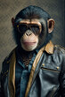 Ein cooler Affe mit Lederjacke und Sonnenbrille zeigt Attitude und Style in einem Portrait - Generative Ai