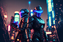Robotic Swat Soldiers On A Future City Background. Robotic Swat Soldier Team In Futuristic Tactical Outfit Armor And Weapons Standing On A Science Fiction Background With Glowing Beam Effect