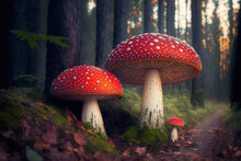 Giant Fly Agaric Mushrooms In The Forest 