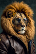Ein cooler Löwe mit Lederjacke und Sonnenbrille zeigt Attitude und Style in einem Portrait - Ai generiert