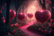 Red Balloons In Shape Of Hearts In Deep Magical Forest