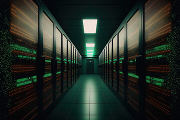 Sticker - Image of a corridor in a working data center with many supercomputers and rack servers. Generative AI