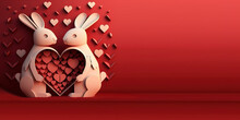Generative AI Illustration Of Happy Valentine’s Day Card. A Bunny Holding Heart. Papercut Heart. Valentine’s Day.