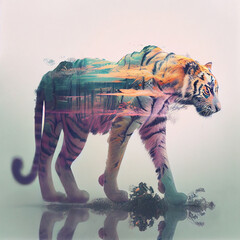 Tiger pastel double exposure generative ai