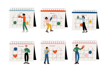 Sticker - Male and female characters checking events in big calendar set. People planning schedule and agenda. Time management concept cartoon vector illustration