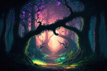 Magical, Gloomy Forest From A Fairytale, Neon Sunset, And Light Coming Through The Trees. Fantasy Woodland Setting Illustration Of Moss In An Unreal World. Generative AI