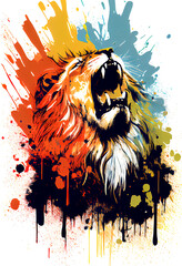 Poster - Angry shouting lion close-up on white background. Watercolour brush strokes artistic technique.  
Digitally generated AI image.