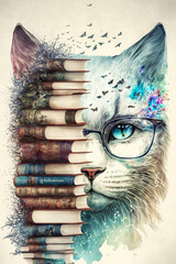 Wall Mural - Doppelbelichtung von einer Katze mit Brille und Bücher isoliert auf weißen Hintergrund - Ai generiert