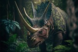Fototapeta  - Triceratops dinosaur, ancient herbivore dinosaur, extinct animal. Generative AI