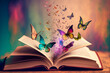 Ein offenes Buch, aus dem Schmetterlingen herausfliegen, ideal für Fantasy- und Literaturhintergründe - AI generiert