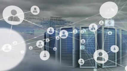 Poster - Animation of network of connections with icons over server room and data processing