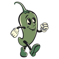 Wall Mural - vector vintage illustration of green chili character cartoon mascot walking