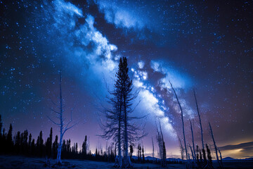 Wall Mural - Above a field of trees was a blue, starry night sky. Park Yellowstone. the Milky Way as a backdrop. Generative AI