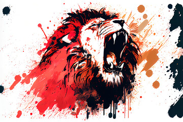 Poster - Angry shouting lion close-up on white background. Watercolour brush strokes artistic technique.  
Digitally generated AI image.
