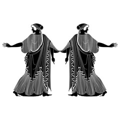 Symmetrical ethnic design with two beautiful ancient Greek women. Vase painting style. Black and white silhouette. Isolated vector illustration.