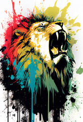 Poster - Angry shouting lion close-up on white background. Watercolour brush strokes artistic technique.  
Digitally generated AI image.