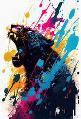 Poster - Angry shouting panther close-up on white background. Watercolour brush strokes artistic technique.  
Digitally generated AI image.