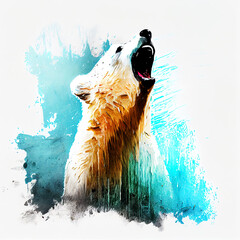 Poster - angry shouting polar bear close-up on white background. watercolour brush strokes artistic technique
