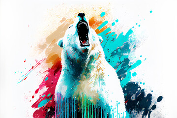 Poster - angry shouting polar bear close-up on white background. watercolour brush strokes artistic technique
