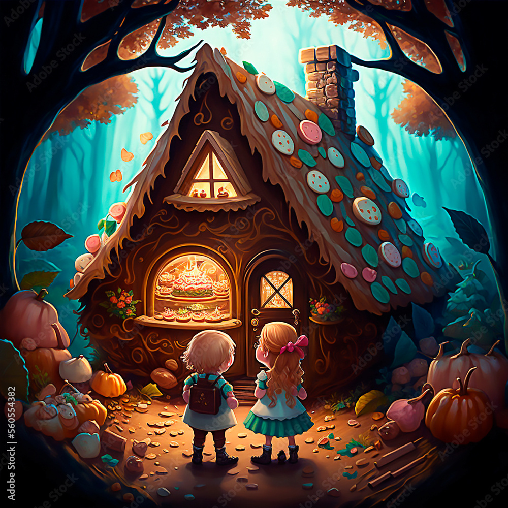 Ilustração hansel and gretel in the candy house in the woods