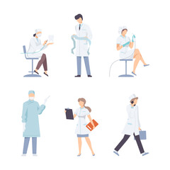 Sticker - Set of doctors characters in uniform. Medical staff making examination and treatment procedures during work flat vector illustration