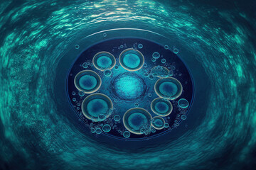 Poster - a top view Blue water rings in close up, pool reflections in circles. Generative AI