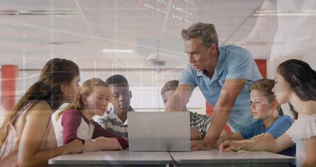 Poster - Animation of stock market data processing over caucasian male teacher teaching students at school