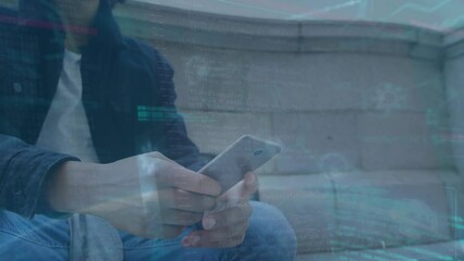 Poster - Animation of data processing over biracial man using smartphone