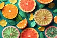 Summer Fruit Pattern With Lemon And Orange Slices Background Lay Flat. Summer Vibes. AI Generated Illustration