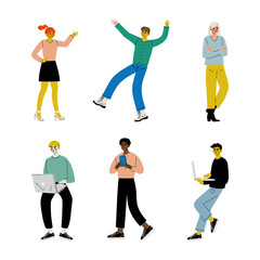 Sticker - Set of young people characters in modern trendy casual clothes. Youth lifestyle cartoon vector illustration