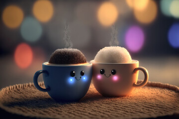 Cute image of the cup of coffee latte characters full of love and happiness. Abstract picture of romantic dinner. Food Character concept Generative AI.