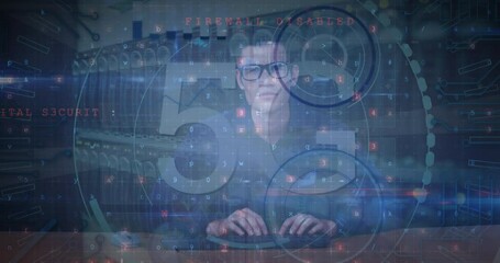 Poster - Animation of scope scanning with 5g text and data processing over caucasian hacker in server room