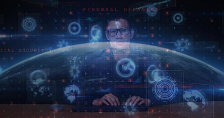 Poster - Animation of scope scanning and data processing over caucasian hacker and globe