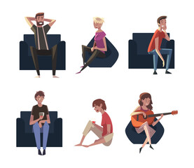 Poster - Set of young male and female characters relaxing, drinking alcohol drinks and playing guitar cartoon vector illustration