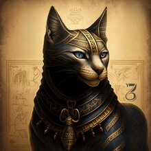 Black Egyptian Cat With Beautiful Gold Jewelry On A Dark Background. Figurine Of A Black Egyptian Cat Goddess Bastet. 3D Illustration.