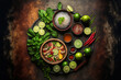 © The 2R Artificiality - Asian food background with various ingredients on rustic stone background , top view. Vietnam and Thai cuisine. Generative AI