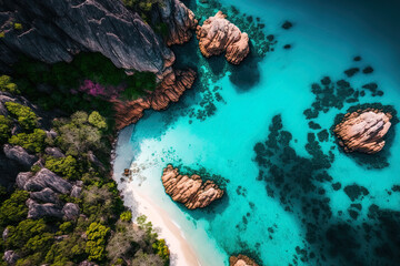 Poster - Sea from above, Amazing natural background, top view. The water's hue is stunningly bright. Thai ocean's azure beach is surrounded by rocky mountains and clear water on a sunny day. drone in flight, s