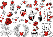 Valentine Day Elements Set. Ink Handmade Style. Black-white-red Hearts, Flowers, Jewelry, Feminine Accessories. Design For Valentine S Day Stickers, Postcards, Posters. Isolated On White Background